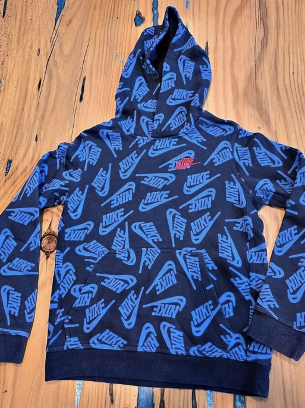 Nike All Over Print Swoosh Logo Hoodie Boys Medium Blue & Black